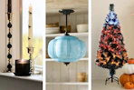 Halloween candle and 4-foot tree + a milk glass ceiling light