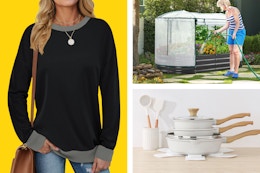 women's sweatshirt, garden bed, and cookware set