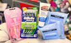 person holding neutrogena makeup wipes, palmers foot cream, and gillette and venus razor packs