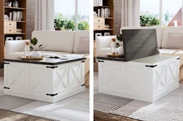 2 lifestyle images of the Clihome Cocktail Table w/ lift top (living room setting in front of couch)