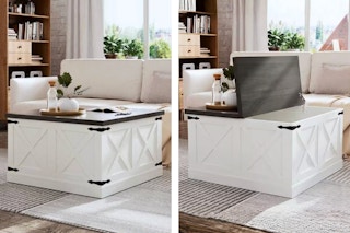 2 lifestyle images of the Clihome Cocktail Table w/ lift top (living room setting in front of couch)
