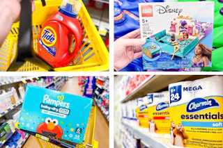 dollar general lego, tide, charmin, pampers clearance 4-photo collage