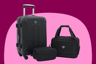a 20-inch black expandable hardside spinner suitcase, a boarding tote and a toiletry kit in black