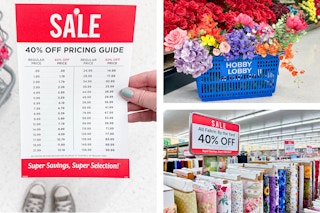 hobby lobby sale price list, faux flowers in a basket, and fabric on sale