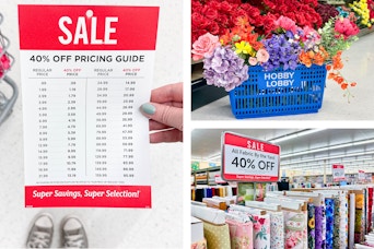 hobby lobby sale price list, faux flowers in a basket, and fabric on sale