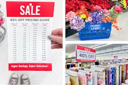 hobby lobby sale price list, faux flowers in a basket, and fabric on sale