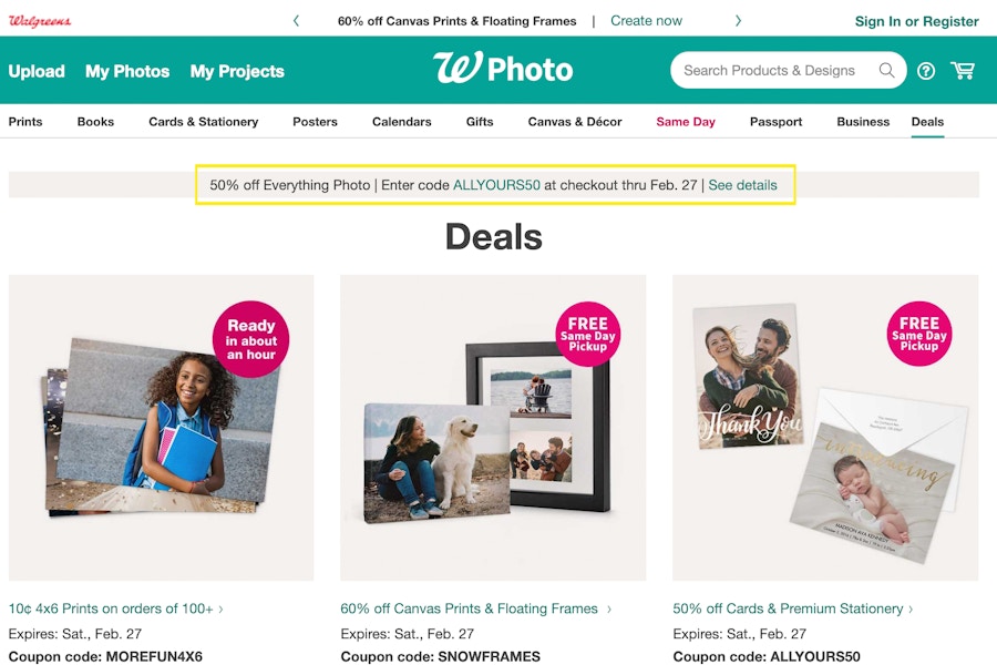 Walgreens photo website page with a yellow box around the 50% off promo code.