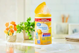 Lifestyle image of the Great Value disinfecting wipes in the lemon scent on counter in home