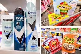 collage image of degree deodorant, general mills cereal, and motts fruit snacks