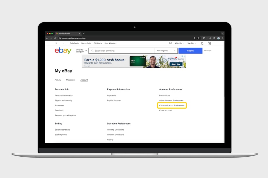 the account settings page on ebay with "communication preferences" highlighted