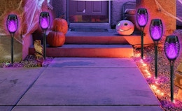 purple Halloween torch lights in front of a house 