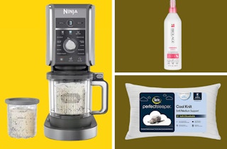 collage of ninja creami, a serta pillow and a biolage hair spray