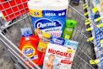 shopping cart with tide, charmin, garnier, huggies, nature made, crest
