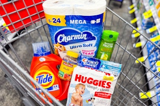shopping cart with tide, charmin, garnier, huggies, nature made, crest