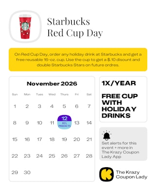 a calendar graphic showing the predicted date for starbucks red cup day 2026