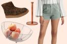fruit bowl, paper towel holder, women's boots and women's shorts