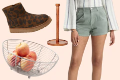 fruit bowl, paper towel holder, women's boots and women's shorts