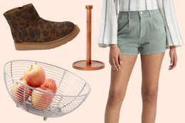 fruit bowl, paper towel holder, women's boots and women's shorts