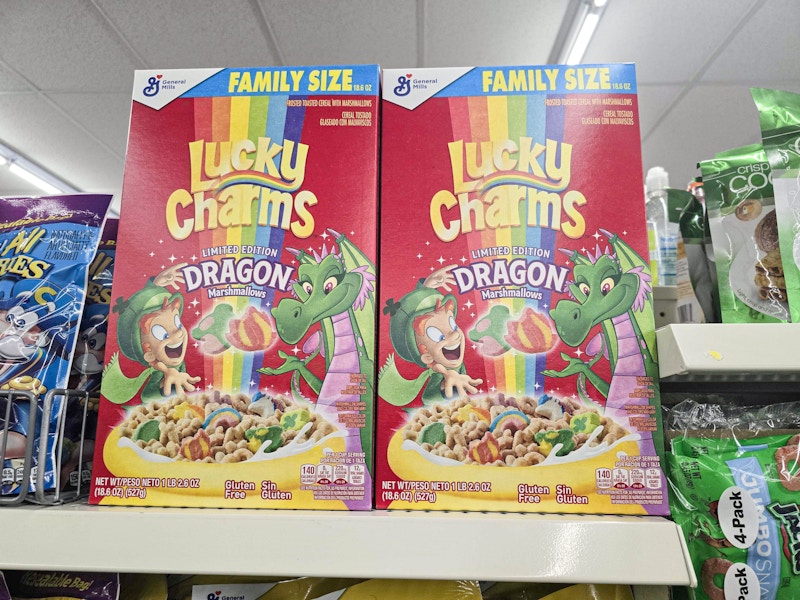 boxes of lucky charms cereal on a shelf