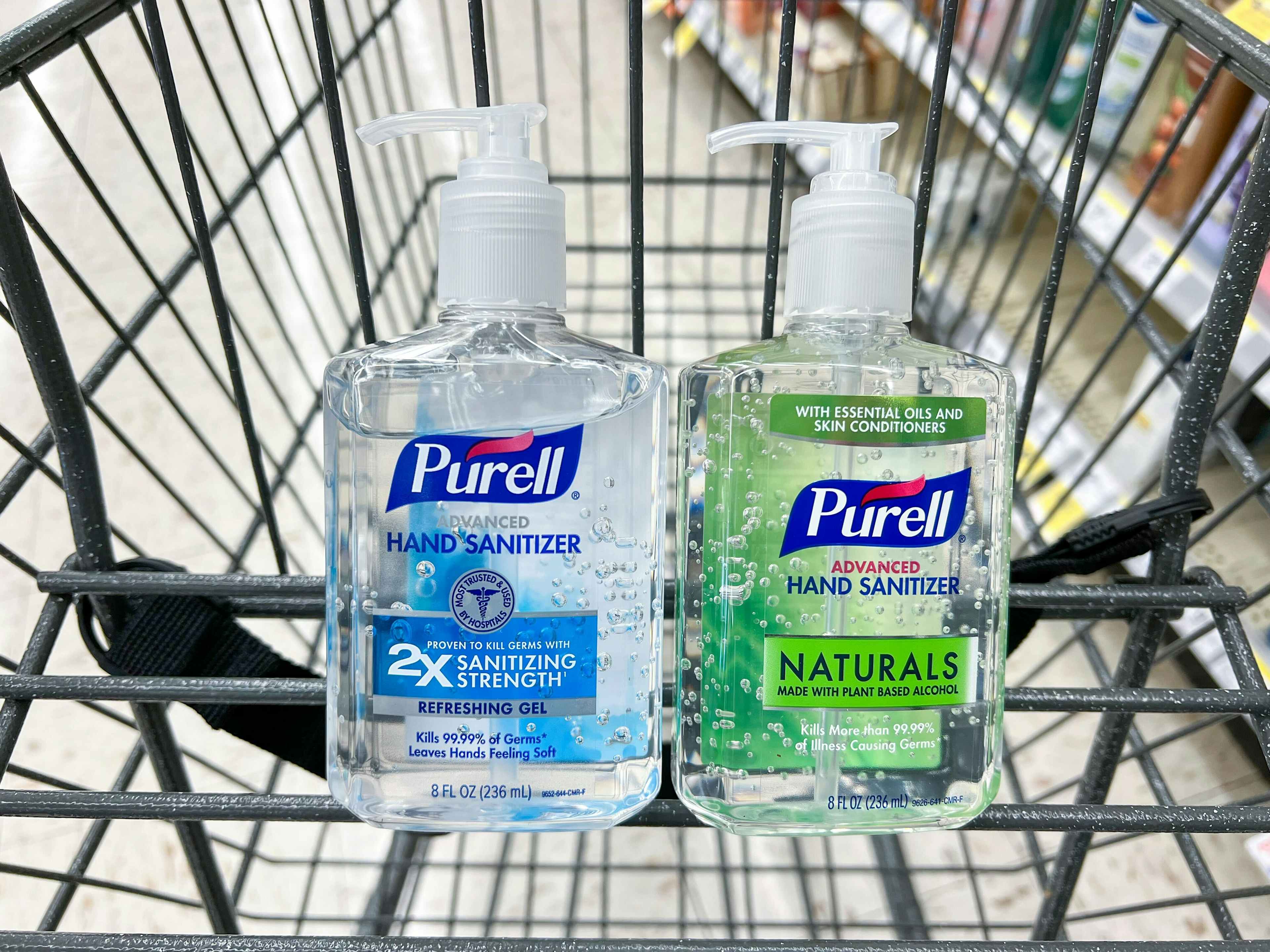 two bottles of hand sanitizer in shopping cart