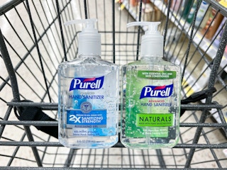 two bottles of hand sanitizer in shopping cart