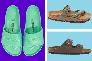 A variety of different Birkenstock sandals on a purple and blue collage background.