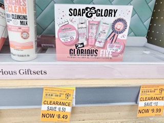 soap & glory gift set with $8.49 clearance sign