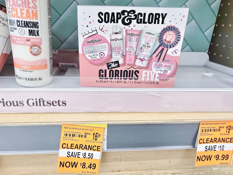 soap & glory gift set with $8.49 clearance sign