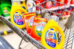 tide simply and bounce in a walgreens shopping cart