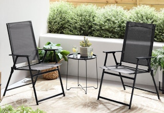 black bistro set: little table and two folding chairs