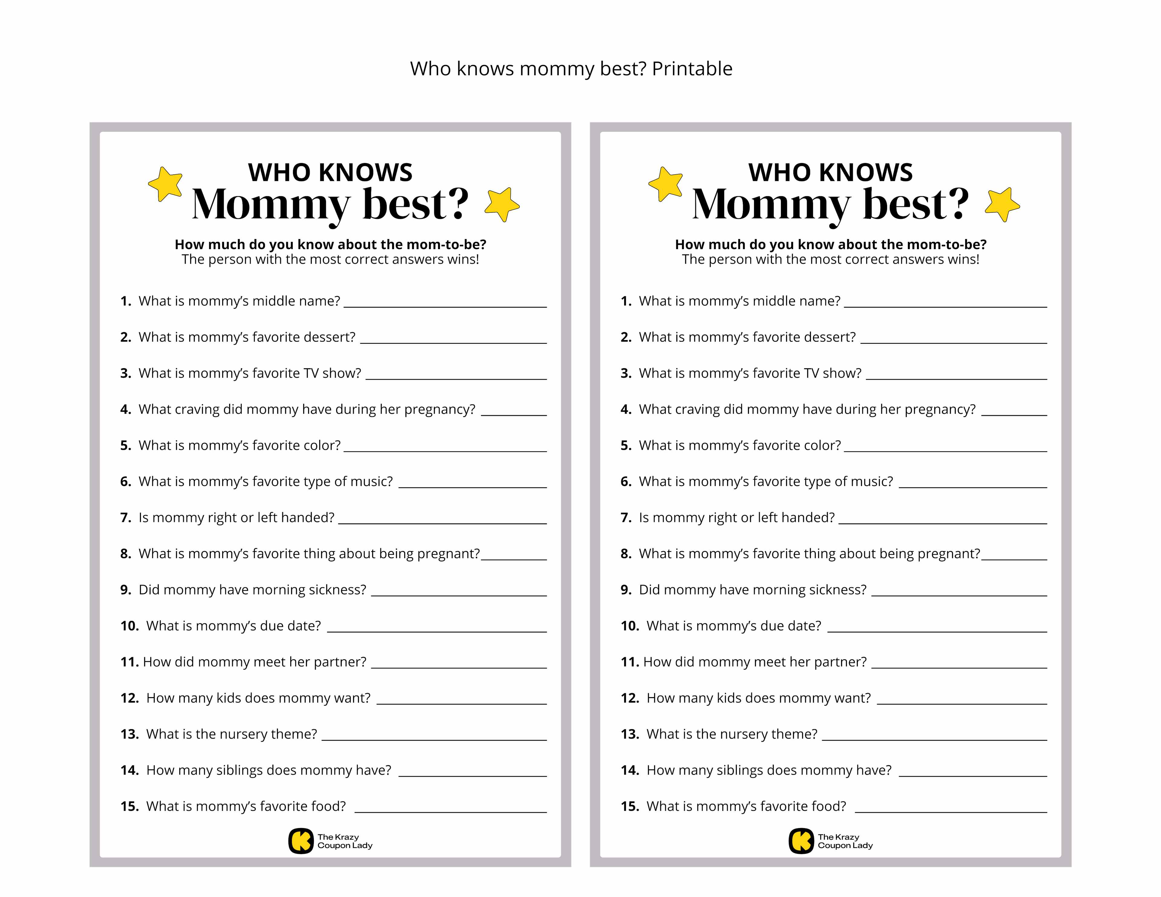 Who knows mommy best trivia game for baby shower