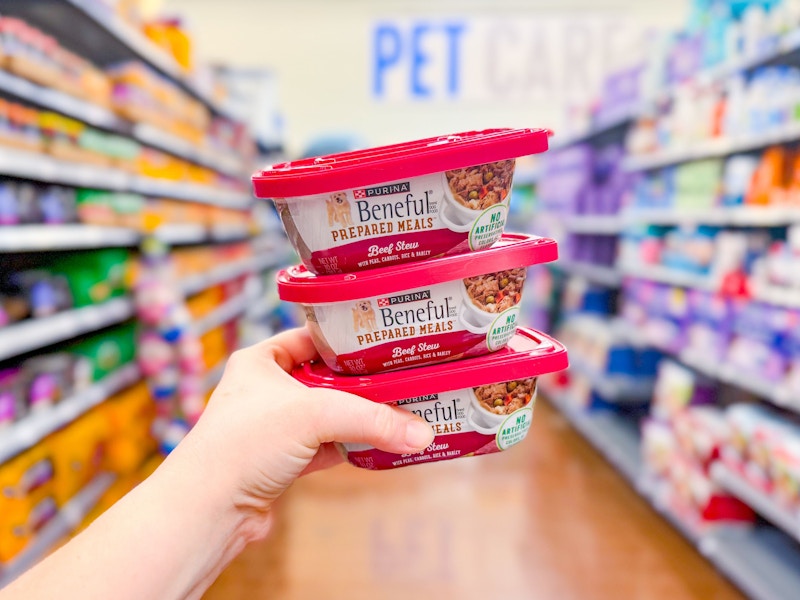 hand holding three purina beneful tubs in walmart dog food aisle