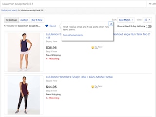 Screenshot of eBay search for Lululemon tank tops