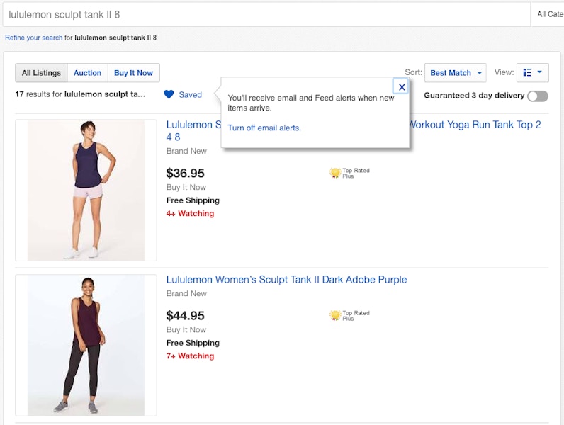 Screenshot of eBay search for Lululemon tank tops