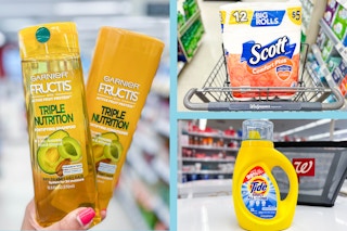 collage with garnier, tide, and scott products