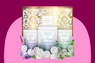 Shower Steamers Aromatherapy 18 Pack: mint, mint eucalyptus, mint lavender in separate bags in a gold-patterned box