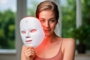 a woman holding a face mask