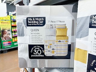 bedding sets on Walmart store shelf