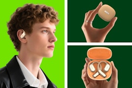 3 images of the HTC headphones (1 photo of male modeling them in ear + 2 photos in case)