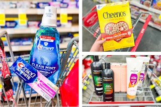 collage image of crest toothpaste and mouthwash, cheerios cereal, and tresemme, monday, and pantene haircare