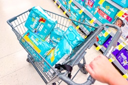 pampers baby diapers and wipes in a cart