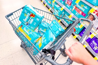 pampers baby diapers and wipes in a cart