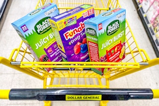 a dollar general cart with fruit snacks 