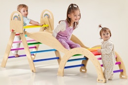 Pikler Triangle Set, 9-in-1 Foldable Wooden Climbing Toy for Toddler 1.8-7Y, Montessori Climber Gifts, Indoor Jungle Gym with Arch&Ramp