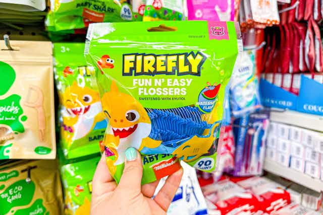 Grab a 90-Pack of Firefly Baby Shark Flossers for $1.25 at Dollar Tree card image