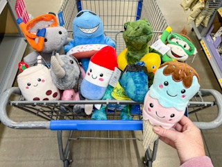 a walmart cart filled with summer pluhes