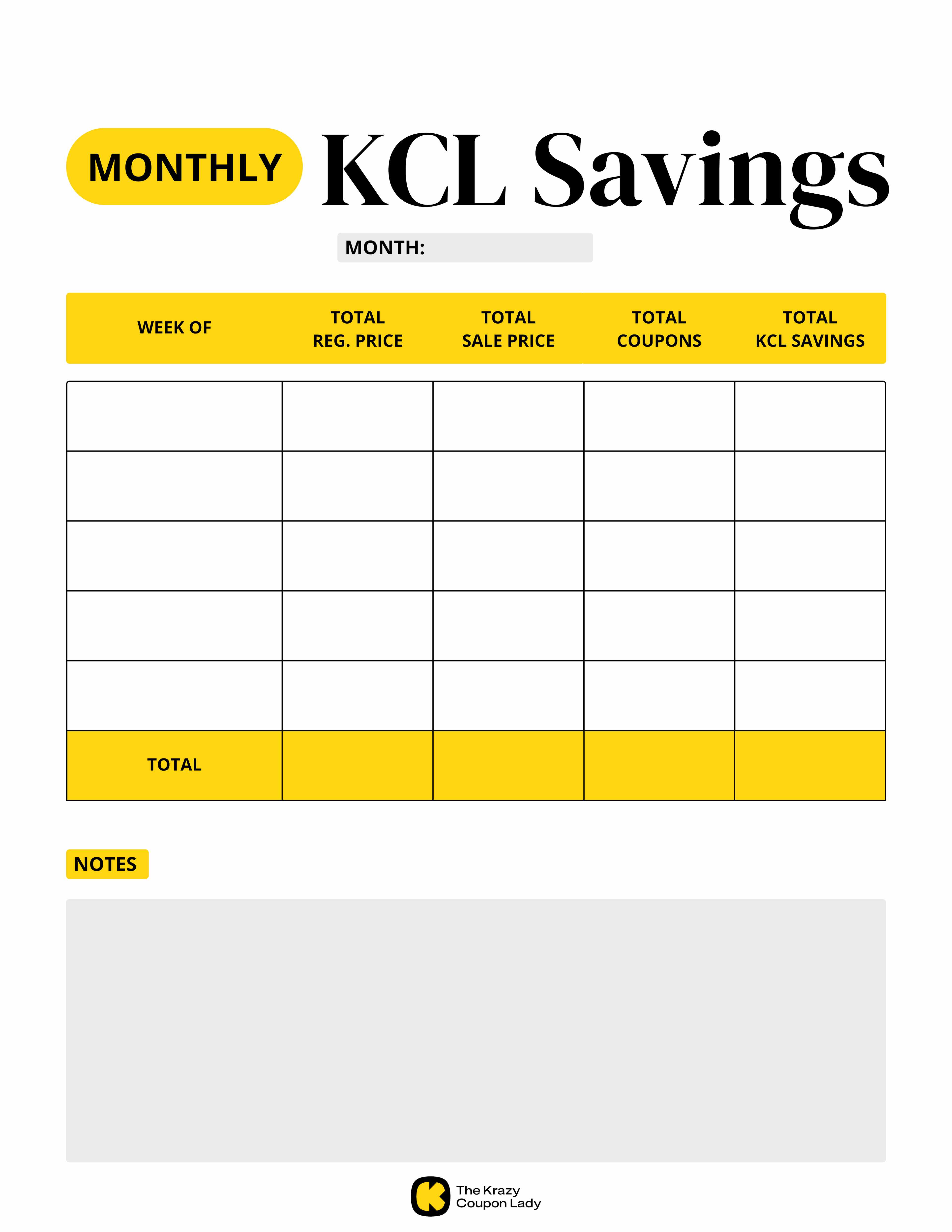 Monthly KCL Savings by Week printable