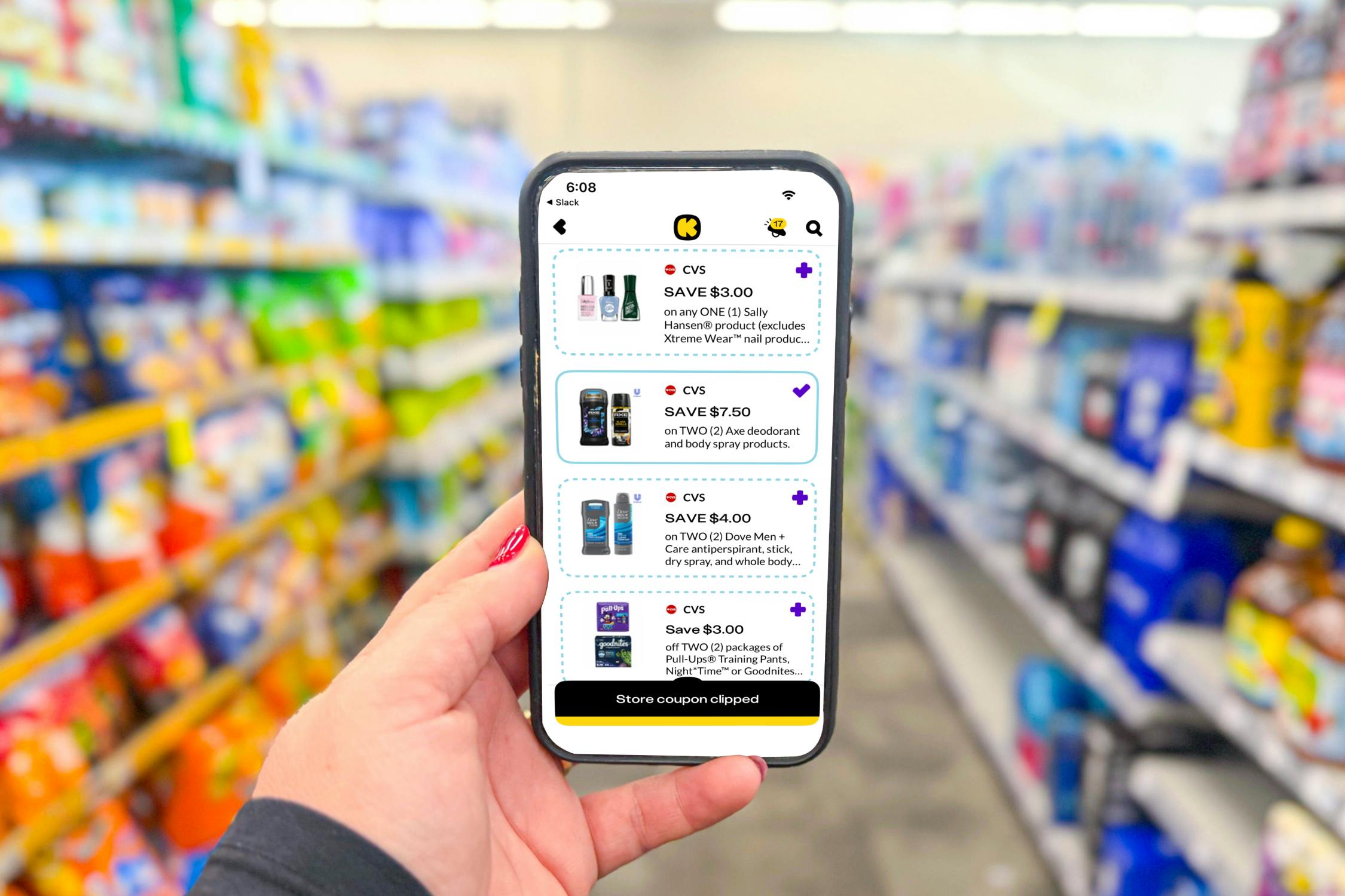 hand holding a smartphone displaying 1-clip deals