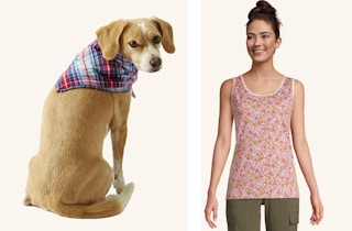 a collage of a woman wearing a tank top and a dog wearing a bandana
