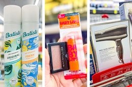 collage image of batiste dry shampoo, maybelline makeup, and conair hair dryer